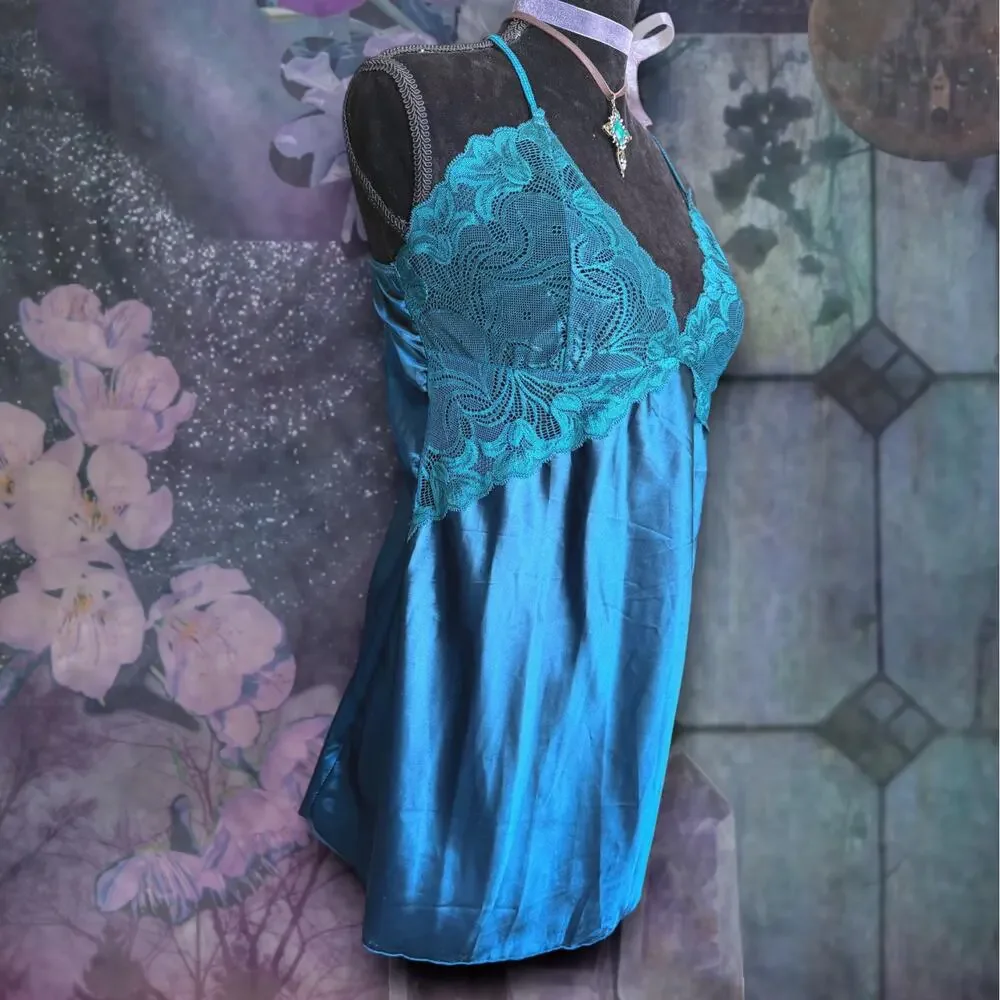 Emerald Teal Satin Chemise | Dark Fairy  Whimsigoth | Romantic Gothic Nightie